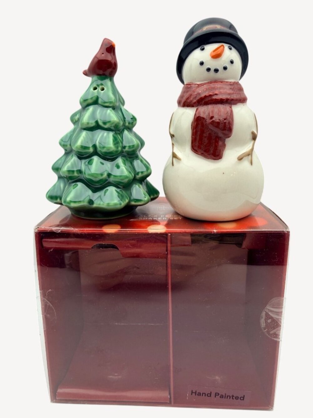 St. Nicholas Square Christmas Snowman Tree Salt And Pepper Shaker Set Hand Paint